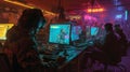 Team of gamers playing online video games in dark room