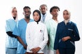 Team or group of a doctor, nurse and medical professional coworkers standing together. Portrait of diverse healthcare