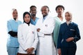 Team or group of a doctor, nurse and medical professional coworkers standing together. Portrait of diverse healthcare