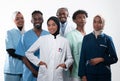 Team or group of a doctor, nurse and medical professional coworkers standing together. Portrait of diverse healthcare