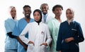 Team or group of a doctor, nurse and medical professional coworkers standing together. Portrait of diverse healthcare