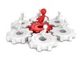 Team group with red leader 3d man run on connected work gears Royalty Free Stock Photo