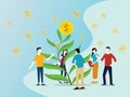 Team growing investment with tree leaf with gold coin money growth