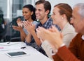Team, happy and applause in business meeting for achievement and celebration of sales in conference room. Design Royalty Free Stock Photo