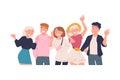 Team of Happy People Character Standing Together Waving Hand and Smiling Vector Illustration