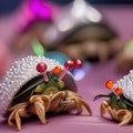 A team of hermit crabs wearing tiny, sparkling New Years Eve hats and holding seashell noisemakers2