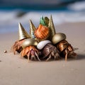 A team of hermit crabs wearing tiny, sparkling New Years Eve hats and holding seashell noisemakers1