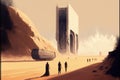 Group trekking across arid landscape towards enigmatic edifice. Illustration painting