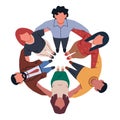 Team huddle. Business people looks up, gathered in circle, hugging employees, successful collaboration, joint work, men Royalty Free Stock Photo