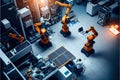 A team of human and robotic workers collaborating to produce a product on a factory . Ai Generative