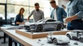 A group of people are working on a model car AIG41 Royalty Free Stock Photo