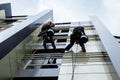 Team of industrial climbers at work, they are washing building f Royalty Free Stock Photo