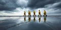 Team of industrial workers in yellow protective suits walking on wet surface outdoors under dramatic sky Concept of safety, Royalty Free Stock Photo