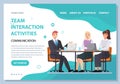 Team interaction activities webpage template. People work together and interact with information