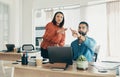 Team, invisible screen and business people press ui, futuristic and digital in startup office. Hands, man and woman