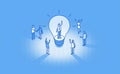 Team leader inspiration inside glowing light bulb . Happy brainstorm result. Isometric vector business illustration Royalty Free Stock Photo