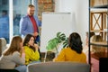 Team leader showing working steps of project on board. Co-workers, colleagues having meeting, discussion at the office Royalty Free Stock Photo