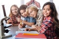 Team of little scientists enjoying biology class together