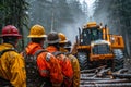 Team of loggers in rain gear observing logging site with heavy machinery