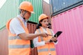 Team of logistics engineers, men and women in reflective jackets stand outside large commercial port. Containers in Export-Import