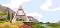 Team of male constructors building modern wooden house near river vector flat illustration. Group of craftsmen making