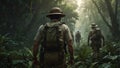 team of male explorers in khaki clothing travels through the lush jungle