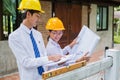 Team of male and female engineers and architects, working team, meeting, discussing construction, and inspecting the outdoor Royalty Free Stock Photo