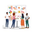 A team of managers are conferring near a stand with graphs on a white background. For your design Royalty Free Stock Photo