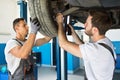 Team of mechanics repair wheel on the car Royalty Free Stock Photo