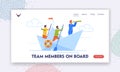 Team Members on Board Landing Page Template. Businessmen Team Floating on Paper Ship Rowing with Paddles Royalty Free Stock Photo