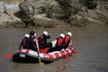 Team members rowing in the rafting boat down the river during summer time