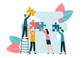 Team members working together to achieve common goal, doing puzzle together, vector illustration in flat style Royalty Free Stock Photo