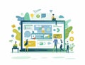 Team members working together on web development, design, and marketing strategies, surrounded by icons and visuals that represent Royalty Free Stock Photo