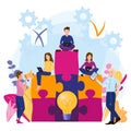 Team metaphor, people connecting puzzle elements. Symbol of teamwork, cooperation, partnership. Business concept, flat Royalty Free Stock Photo