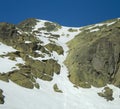 Team of mountaineers climbing a snow canal on a sunny day