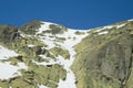 Team of mountaineers climbing a snow canal on a sunny day