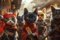 a team of ninja cats stealthily infiltrating a rival dog clan\'s doj Generative AI