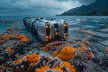 A team of oceanographers studying the effects of climate change on coral reefs. Robot perched on coral reef underwater, surrounded Royalty Free Stock Photo
