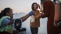 Team of Paramedics Perform Emergency First Aid to Injured Mother and Young Daughter. Giving Oxygen Royalty Free Stock Photo