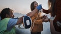 Team of Paramedics Perform Emergency First Aid to Injured Mother and Young Daughter. Giving Oxygen Royalty Free Stock Photo