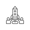 Team of people launches rocket, startup line icon.