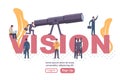 Team of people standing in big letters and looks in big telescope.