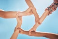 Team of people support, hands connect or link together global community of cooperation on blue sky. Group diversity in