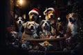 A team of pets, including dogs, cats, and birds, wearing elf hats and busy assisting Santa with wrapping presents in Santa\'s