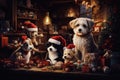 A team of pets, including dogs, cats, and birds, wearing elf hats and busy assisting Santa with wrapping presents in Santa\'s