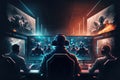 A team of players sits in front of large monitors immersed in a cybersport battle. Generative AI