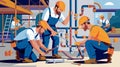 A team of plumbers collaborates to install a complex network of pipes. Royalty Free Stock Photo
