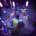 Poster with young sportsmen, basketball players playing basketball isolated on dark background in flashlights Royalty Free Stock Photo