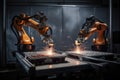 team of precision welding robots working together on complex metal structure