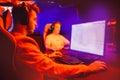 Team professional gamer playing winning tournaments online games computer